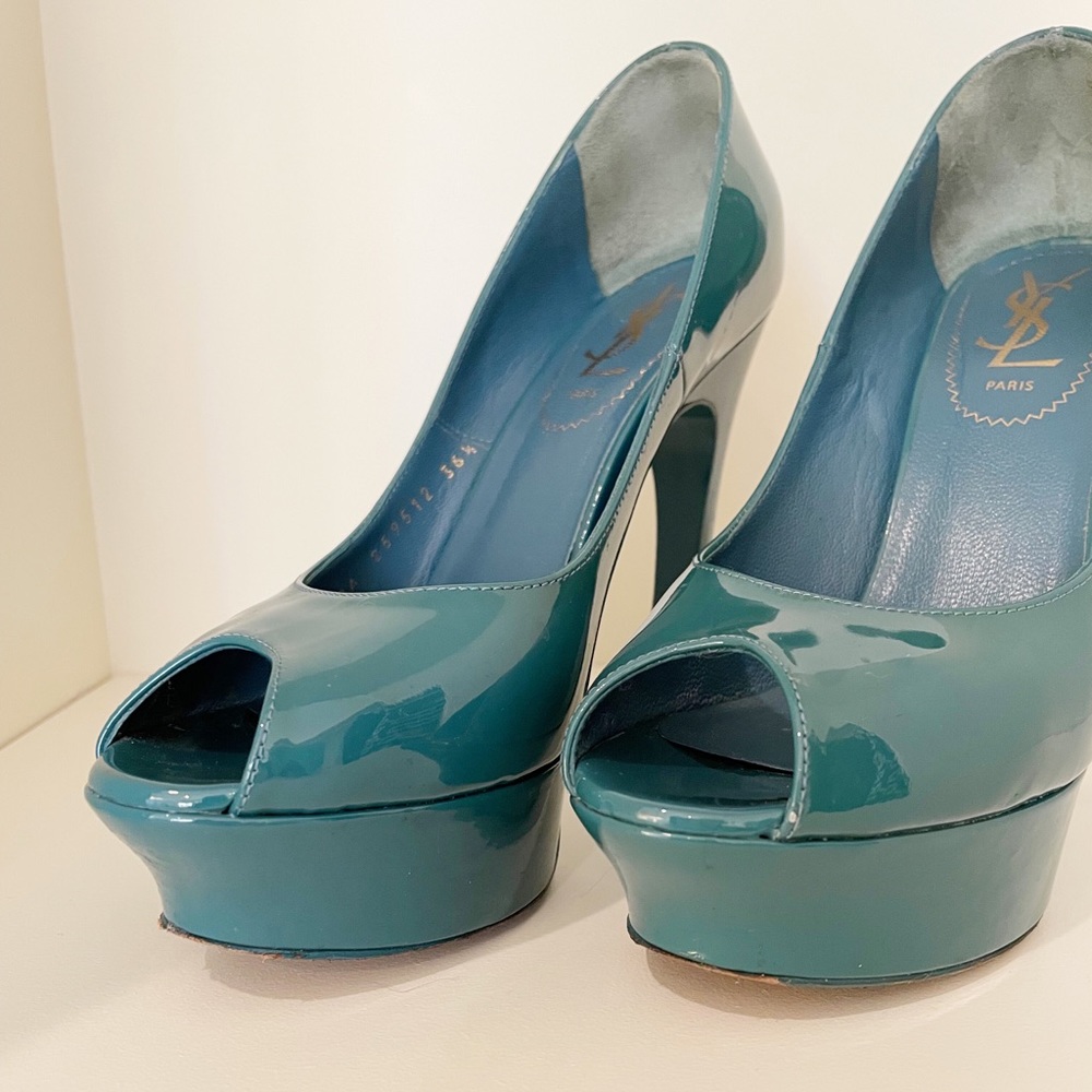 Yves Saint Laurent Palais Patent Leather Peep Toe Heels Teal Blue Size 36.5 - Picture 10 of 15